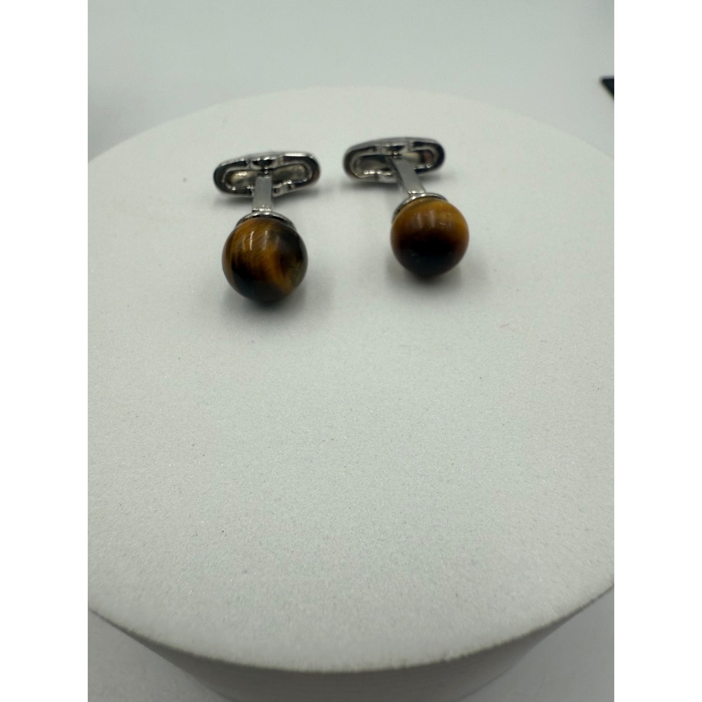 Jos A‎ Bank Tigers Eye Stone Cufflinks Silver Tone Round Sphere Formal Accessory
